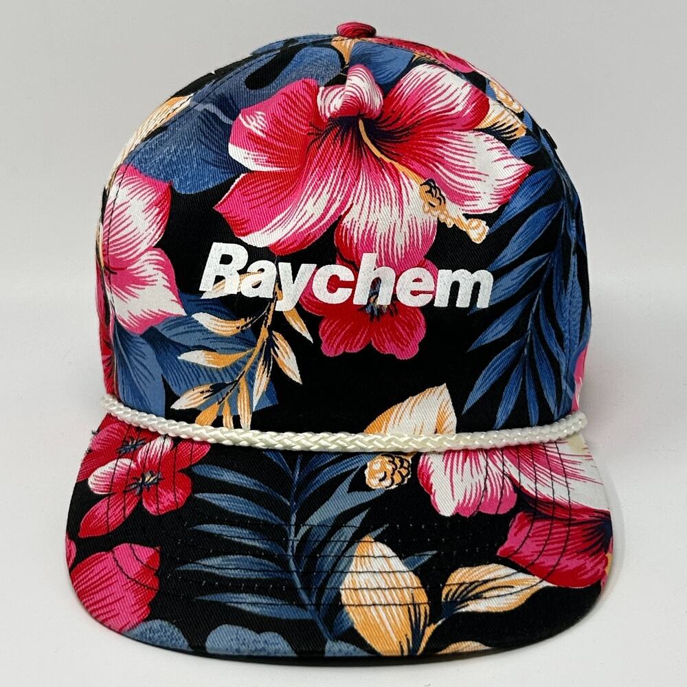 Vintage 80s Raychem Floral Hat Baseball Cap Hawaiian Rope Corded Snapback Black